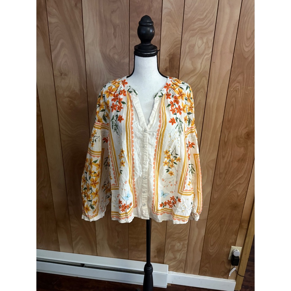 DR2 Women Floral Butterfly Print Cotton Blouse Orange Yellow L DR21569CNV